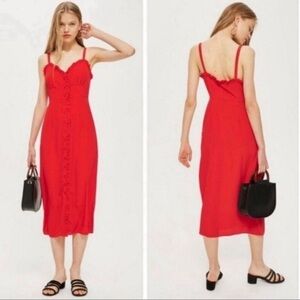 NWT TOPSHOP Red Button Down Ruffle Hem Midi Dress Women’s 2 Sundress Valentines